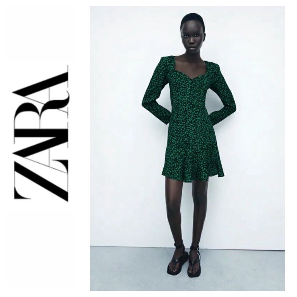 Zara Black & Green Floral Print Long Sleeve V-Neck Mini Dress, Size Small
